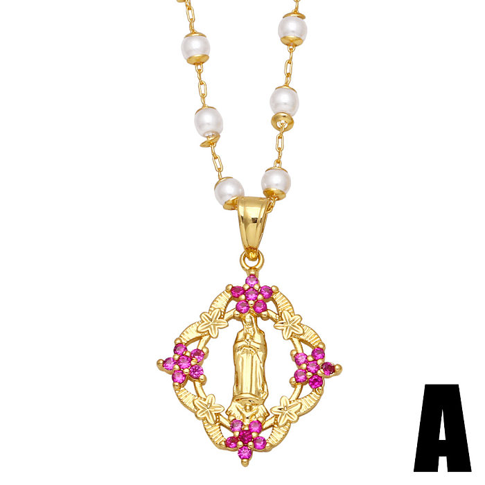Fashion Colorful Zircon Flower Virgin Mary  Female Simple Pearl Chain Necklace Copper Necklace