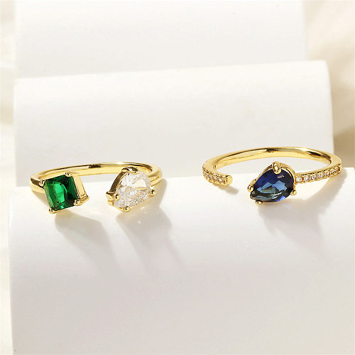 IG Style Korean Style Square Water Droplets Copper Plating Inlay Zircon 18K Gold Plated Open Rings