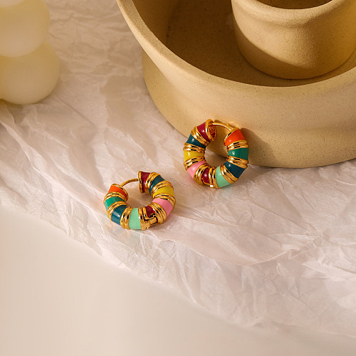 1 par de brincos vintage estilo simples círculo esmaltado aço inoxidável cobre banhado a ouro