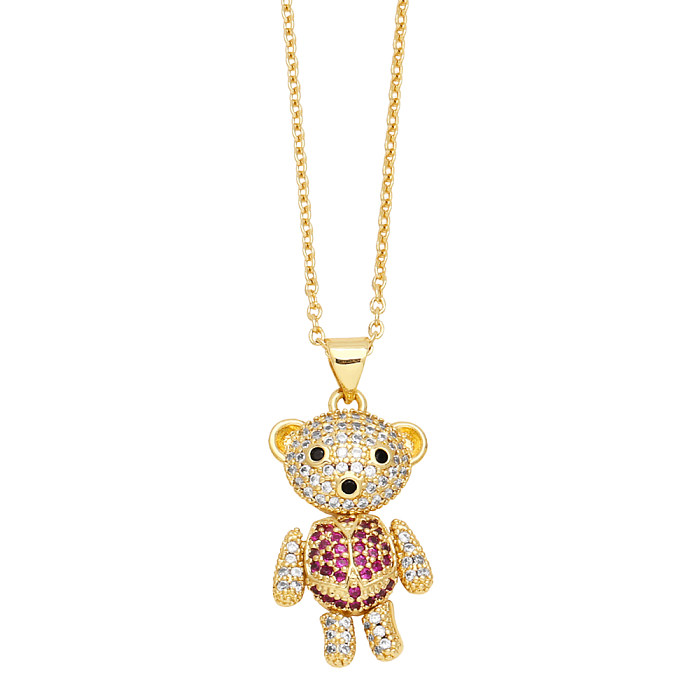 Cute Lady Little Bear Copper 18K Gold Plated Zircon Pendant Necklace In Bulk