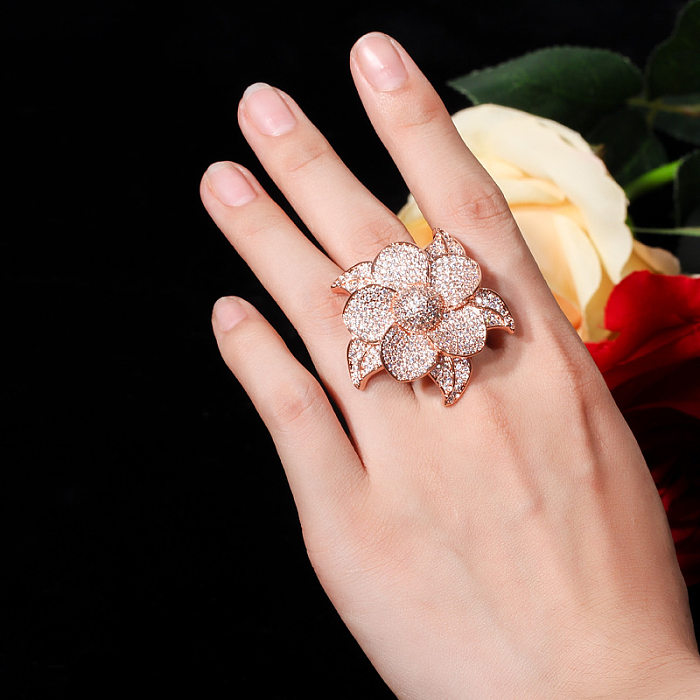 Elegant Luxurious Flower Copper Plating Inlay Zircon 14K Gold Plated Gold Plated Rhodium Plated Rings