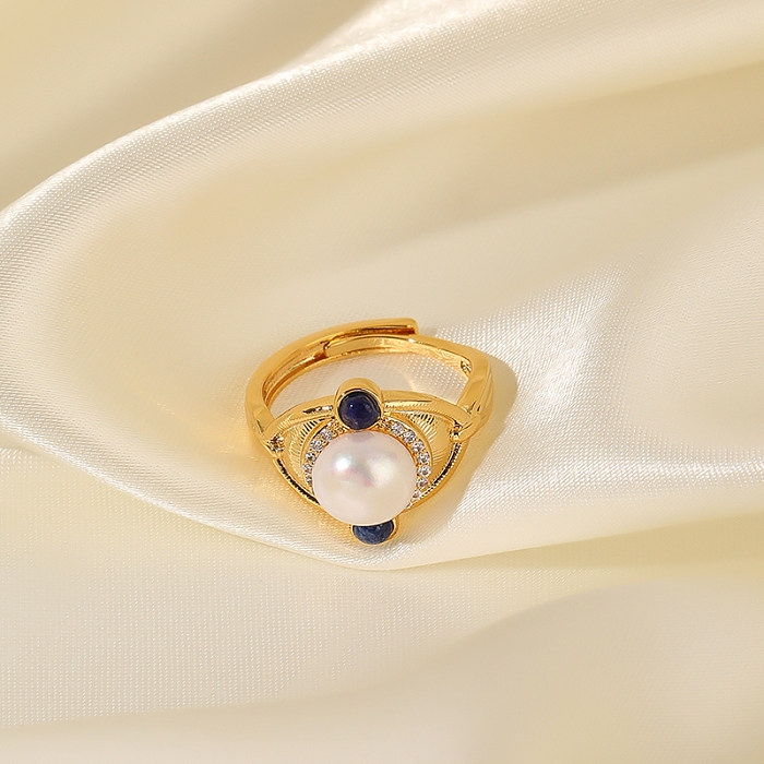 Simple Style Round Copper Plating Inlay Freshwater Pearl Zircon 18K Gold Plated Rings