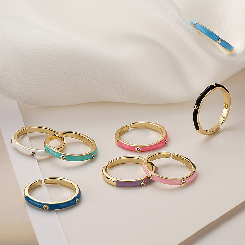 Simple Style Round Copper Enamel Plating Inlay Zircon 18K Gold Plated Open Ring