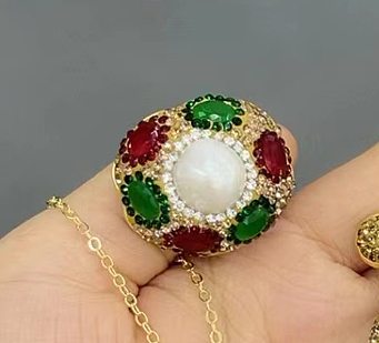 Collar de pendientes de anillos de Jade de perlas de agua dulce con incrustaciones de cobre ovaladas clásicas para mujer