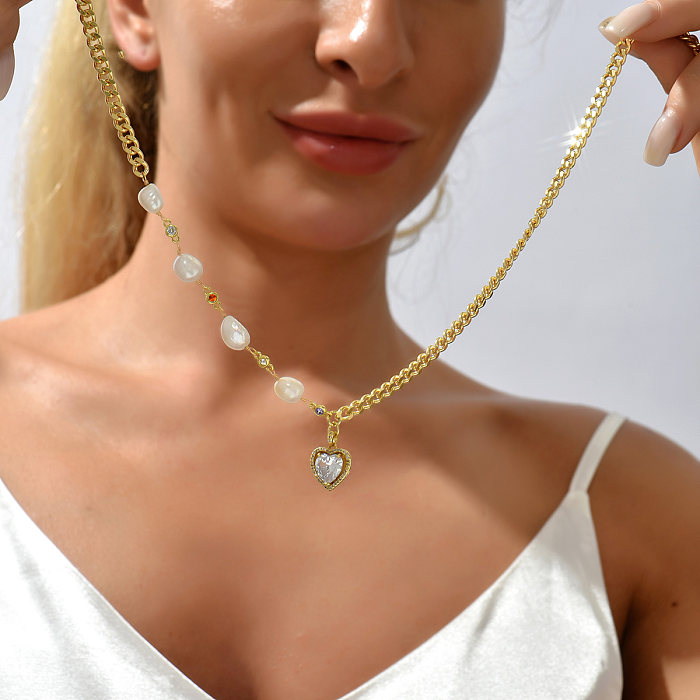 Einfacher Stil Herzform Kupfer Anhänger Halskette Patchwork Vergoldete Zirkon Kupfer Halsketten 1 Stück