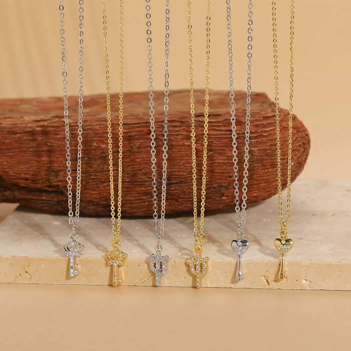 Elegante, luxuriöse Schlüssel-Halskette mit verkupfertem Inlay-Zirkon-Anhänger und 14-Karat-Vergoldung