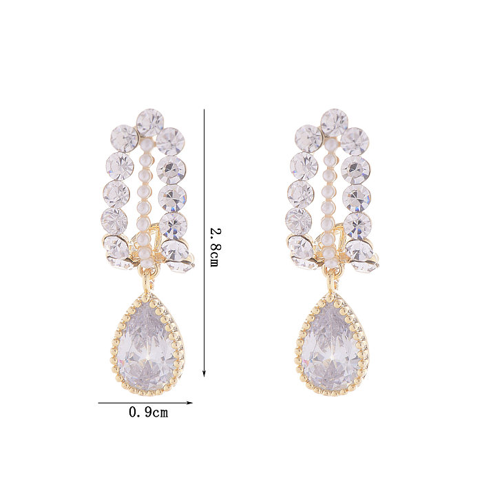1 Pair French Style Water Droplets Plating Inlay Copper Zircon 14K Gold Plated Drop Earrings