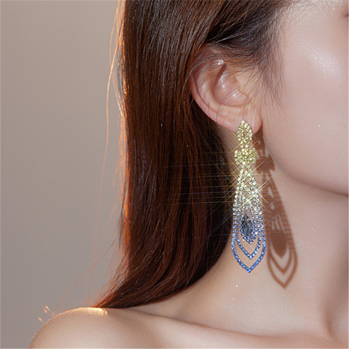 1 Paar elegante, glamouröse Wassertropfen-Ohrringe mit Farbverlaufsbeschichtung, Kupfer-Strasssteinen, versilbert