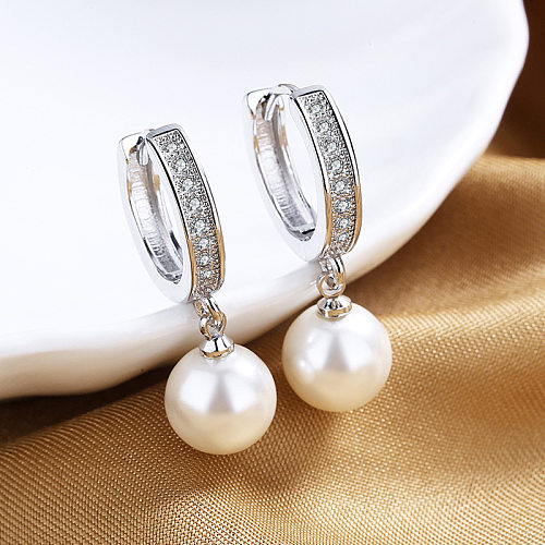 1 Pair Elegant Ball Shell Copper Inlay Rhinestones Earrings