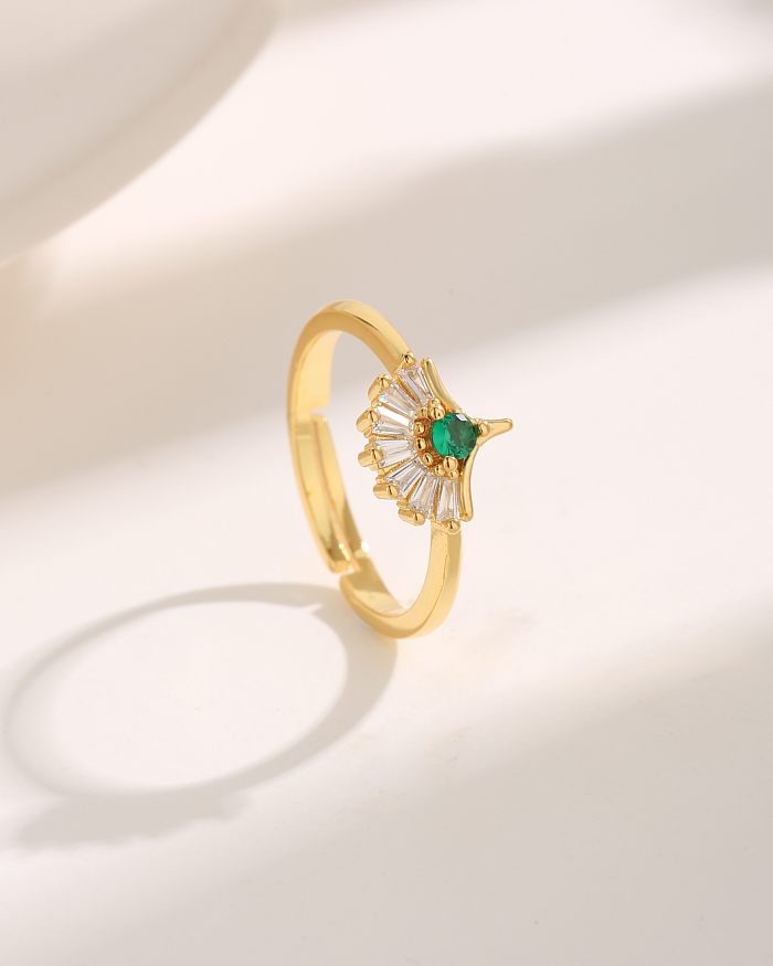 Modern Style Commute Eye Ginkgo Leaf Copper Plating Hollow Out Inlay Zircon 18K Gold Plated Open Rings
