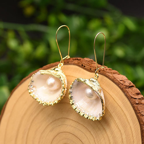 1 paire de boucles d'oreilles pendantes en cuivre plaqué or, Style Simple, plaqué coquillage