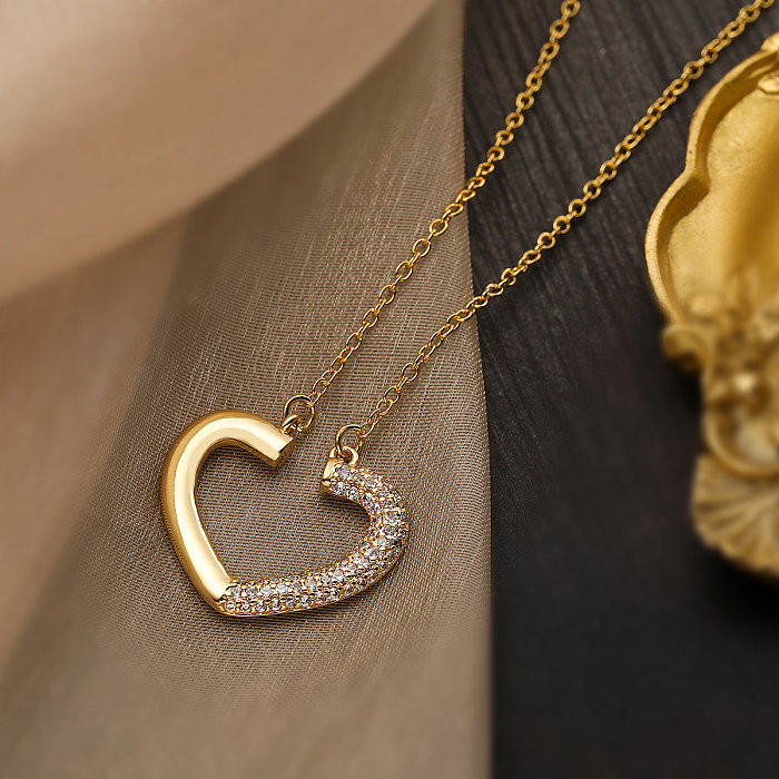 Schlichter Stil Pendel-Halskette mit Herzform, Kupferbeschichtung, Inlay aus Zirkon, 18 Karat vergoldet