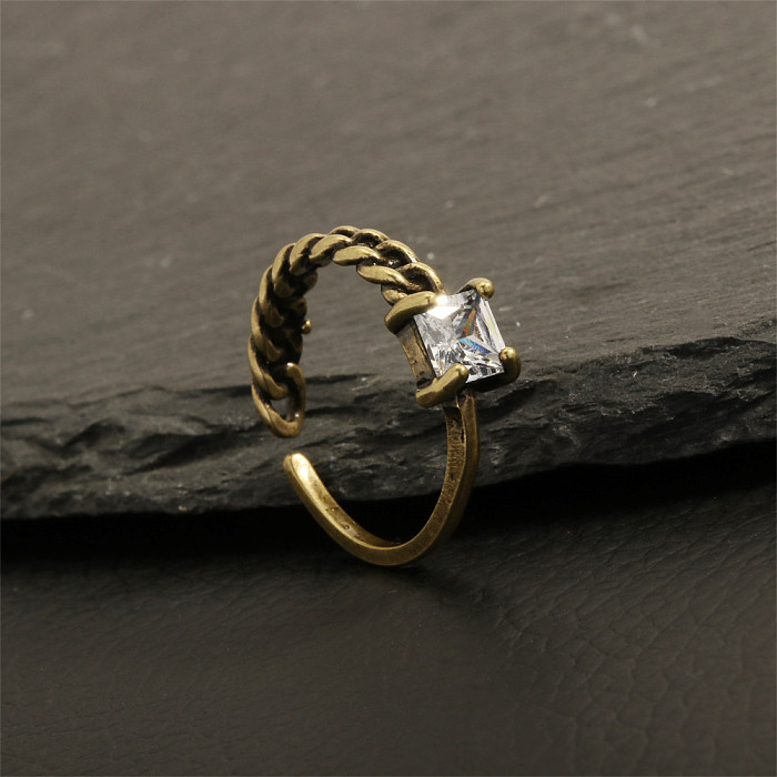 Vintage Style Solid Color Chains Print Copper Plating Inlay Zircon 18K Gold Plated Open Rings