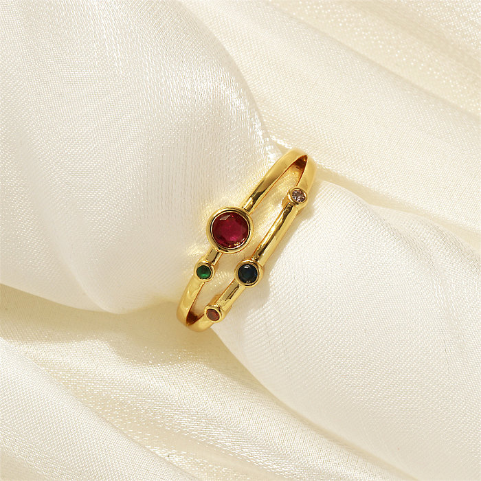 Luxurious Shiny Round Copper Plating Inlay Zircon 18K Gold Plated Open Ring