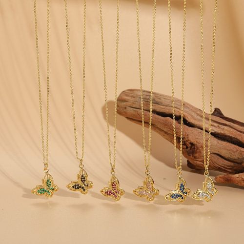 Simple Style Korean Style Butterfly Copper Plating Inlay Zircon 14K Gold Plated Pendant Necklace
