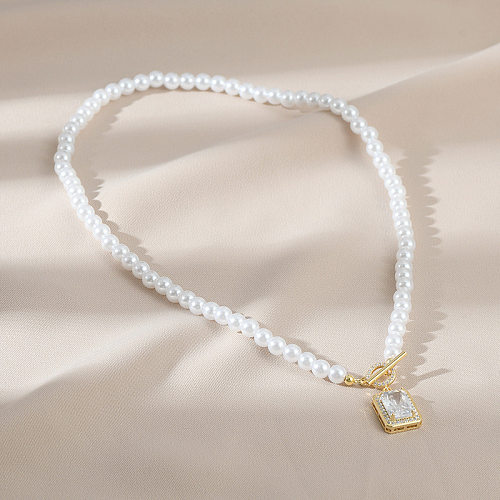 Fashion Square Artificial Pearl Copper Plating Inlay Zircon Pendant Necklace 1 Piece