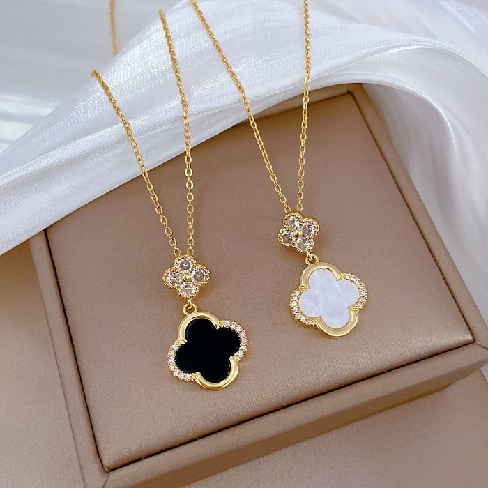 Elegant Sweet Artistic Four Leaf Clover Titanium Steel Steel Copper Plating Inlay Artificial Gemstones Gold Plated Earrings Necklace