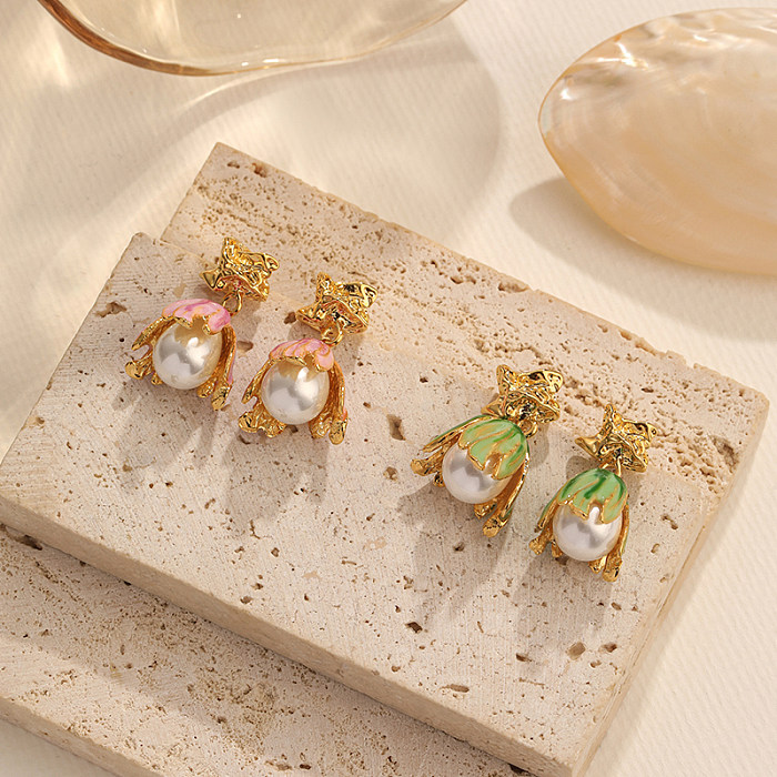 1 Pair Vacation Sweet Flower Enamel Plating Inlay Copper Artificial Pearls 18K Gold Plated Drop Earrings