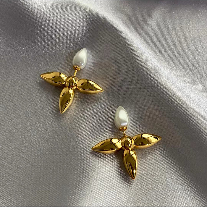 Retro Four Leaf Clover Brass Ear Studs Inlay Pearl Copper Earrings