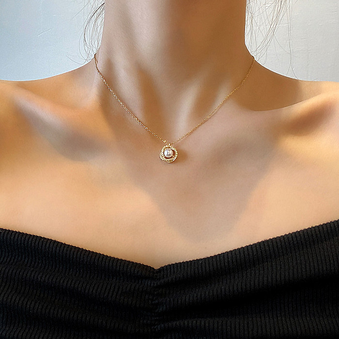 Simple Style Round Copper Plating Inlay Pearl Zircon 18K Gold Plated Necklace