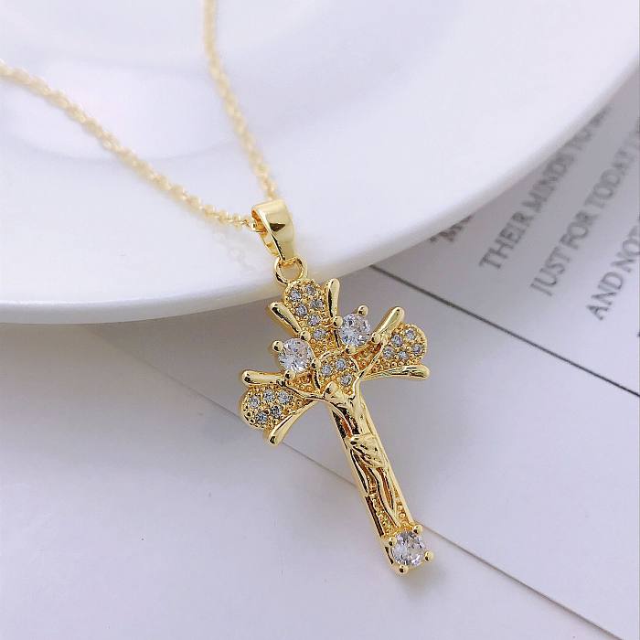 Retro Catholic Virgin Mary Jesus Cross Pendant Copper Zircon Clavicle Chain