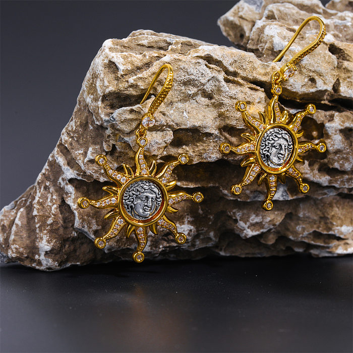Retro Roman Style Human Face Sun Copper Plating Inlay Zircon Gold Plated Earrings Necklace