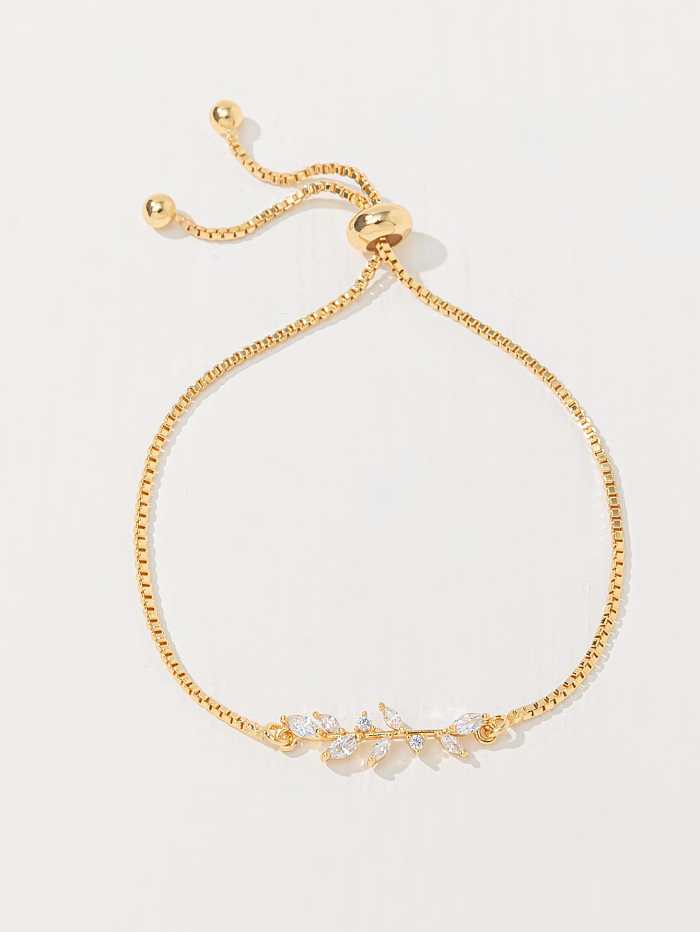 Elegante, romantische, süße Blatt-Kupfer-Inlay-Zirkon-Armbänder mit 18-Karat-Vergoldung