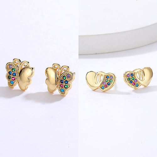 1 Pair Cute Heart Shape Butterfly Plating Inlay Copper Zircon 18K Gold Plated Ear Studs