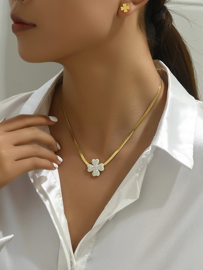 Casual Classic Style Commute Four Leaf Clover Palm Stainless Steel Plating Inlay Rhinestones 18K Gold Plated Earrings Necklace