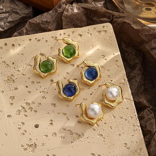 1 Paar Retro-Ohrstecker für Pendler, geometrisch, rund, mit Inlay, Kupfer, künstliche Perlen, Glas, 18 Karat vergoldet