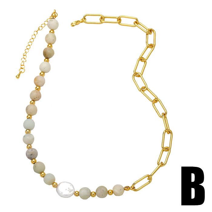 Barock-Stil, geometrische Imitationsperle, Kupfer-Perlen-Patchwork, vergoldeter Naturstein-Halsband, 1 Stück