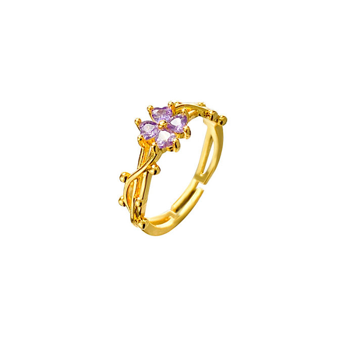 Eleganter offener Damen-Ring mit Blumen-Kupfer-Inlay und künstlichen Edelsteinen im französischen Stil