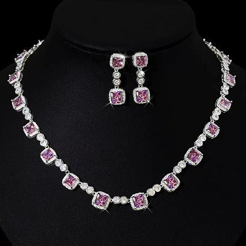 Lady Romantische glänzende quadratische Kupfer-Inlay-Zirkon-Ohrring-Halskette