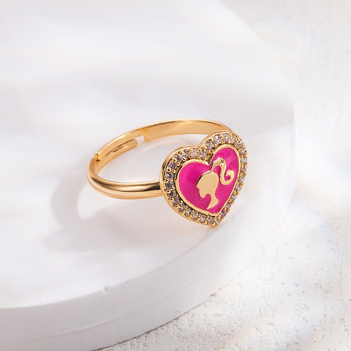 Cute Sweet Heart Shape Barbie Copper Charm Enamel Zircon 14K Gold Plated Open Rings