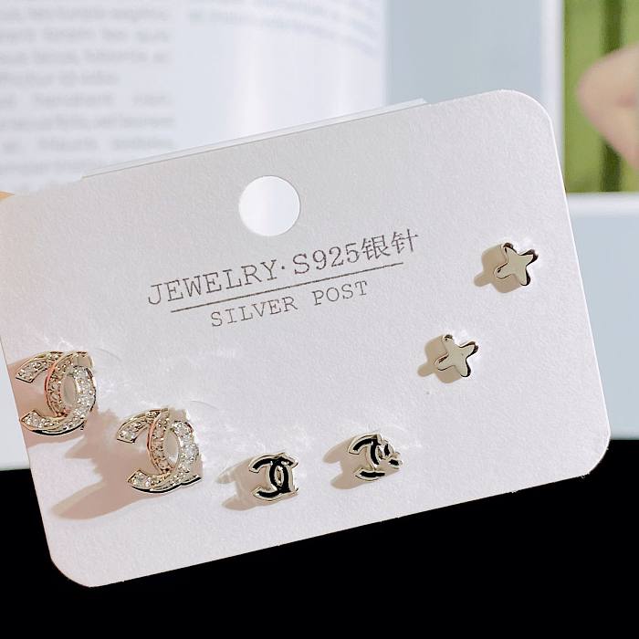 Simple Style Letter Flower Copper Plating Zircon Ear Studs 1 Set