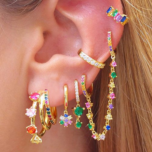 1 paire de boucles d'oreilles pendantes élégantes, Style classique, incrustation de pétales en cuivre et Zircon plaqué or 24 carats