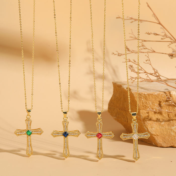 Elegante e luxuoso estilo clássico cruz cobre 14K colar com pingente de zircão banhado a ouro a granel