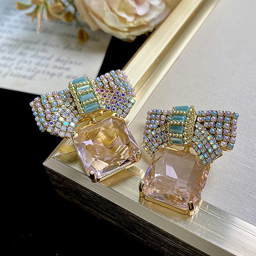 Boucles d'oreilles pendantes en verre, 1 paire, incrustation de nœud papillon doux, perles artificielles en cuivre
