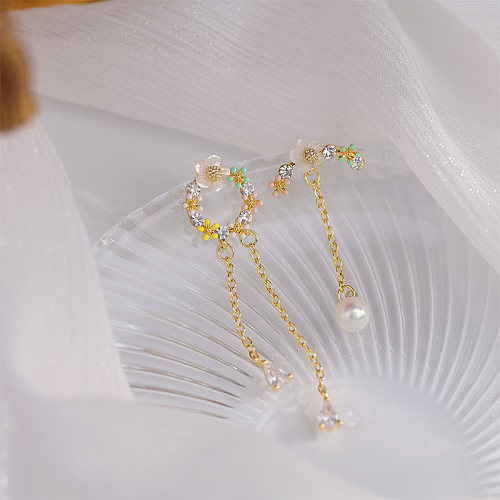1 Paar elegante, süße Blumen-Ohrringe im französischen Stil mit asymmetrischer Beschichtung, Kupfer-Zirkon-Intarsien, 14 Karat vergoldet