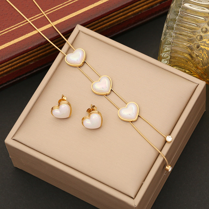 Simple Style Commute Heart Shape Stainless Steel Inlay Artificial Pearls Rhinestones Women'S Bracelets Earrings Necklace