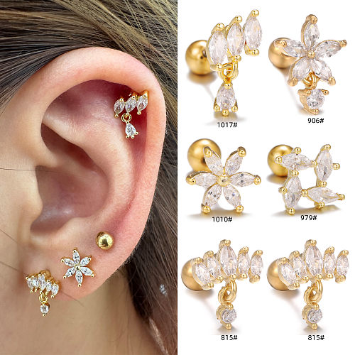 1 Piece Simple Style Flower Flowers Brass Zircon 18K Gold Plated White Gold Plated Ear Studs