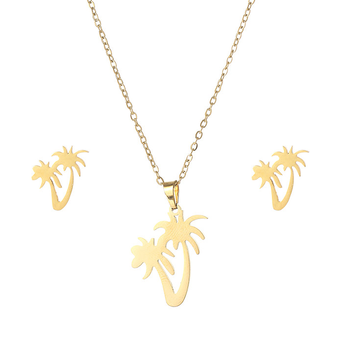 Simple Style Coconut Tree Feather Titanium Steel Plating Earrings Necklace 1 Set