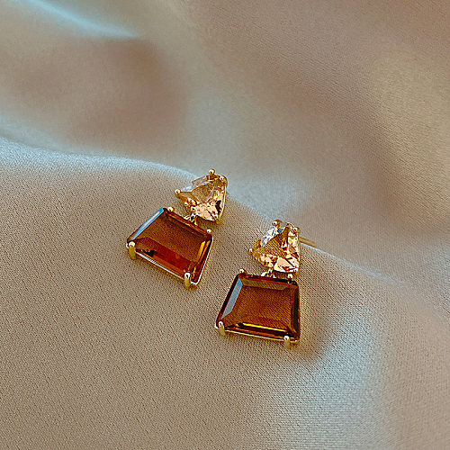 1 paire de boucles d'oreilles pendantes en cristal de cuivre avec incrustation carrée de style coréen
