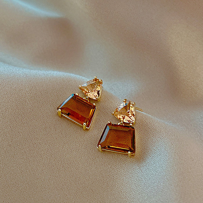 1 paire de boucles d'oreilles pendantes en cristal de cuivre avec incrustation carrée de style coréen