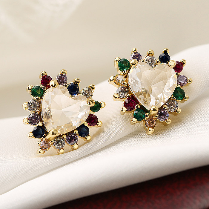 1 Pair Glam Shiny Heart Shape Copper Plating Inlay Zircon 18K Gold Plated Ear Studs