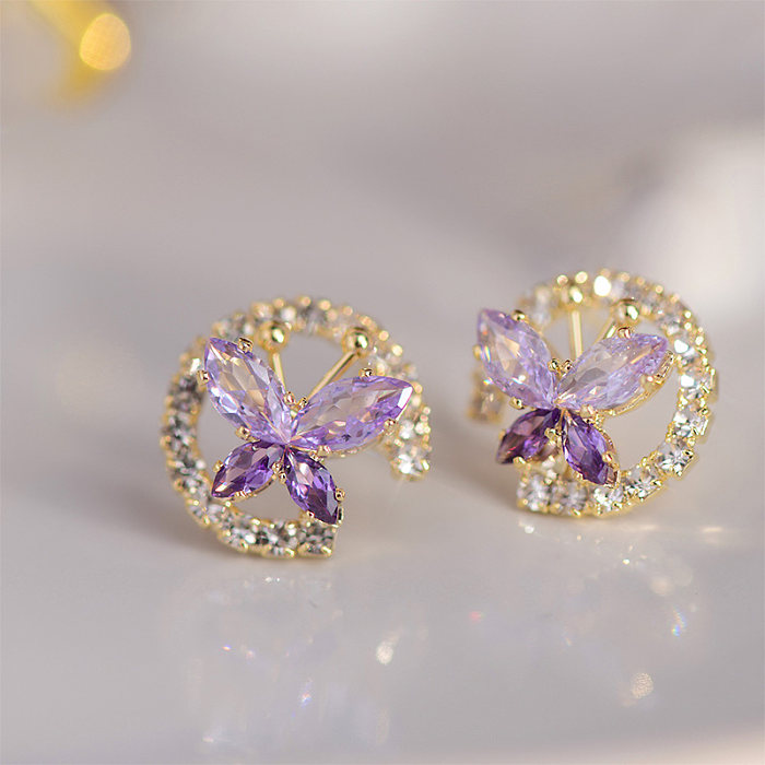 1 Pair Casual Sweet Butterfly Plating Hollow Out Inlay Copper Zircon 14K Gold Plated Ear Studs