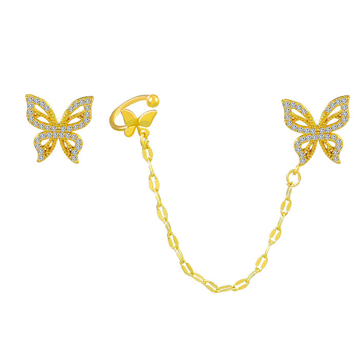 1 paire de Clips d'oreille en diamant artificiel, Style féerique, incrustation de papillon en cuivre, diamant artificiel