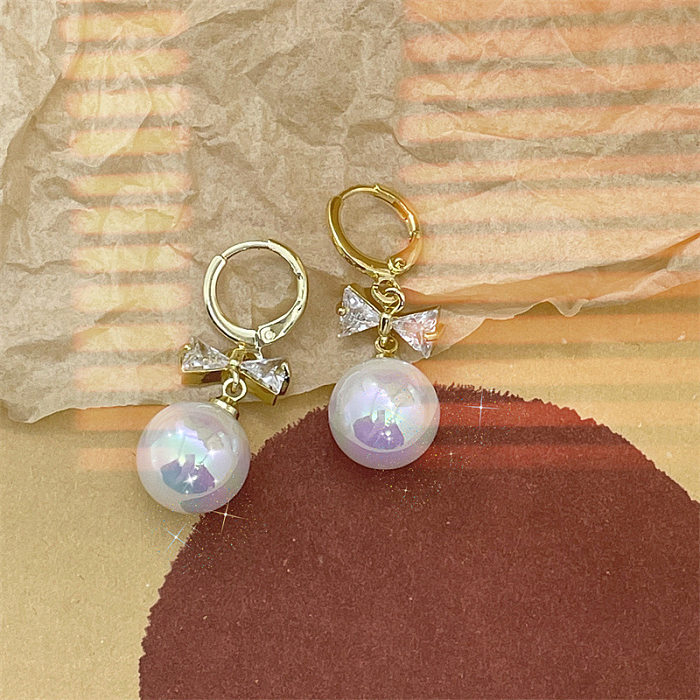 1 Pair Lady Pearl Copper Plating Inlay Zircon Drop Earrings