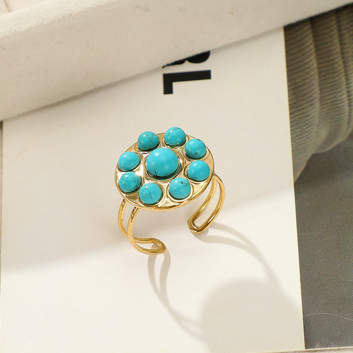 Anillo abierto de piedra natural con incrustaciones de acero inoxidable y flor de moda, 1 pieza