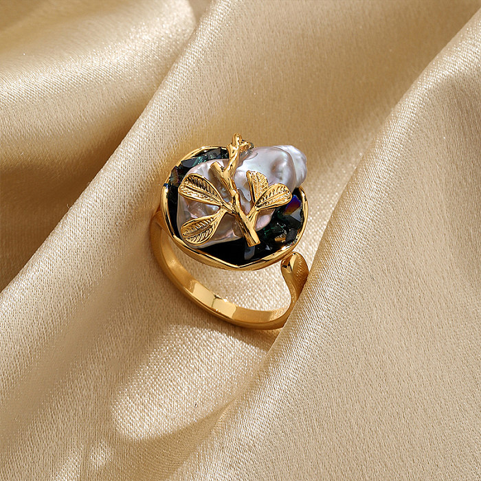 Retro Leaves Copper Plating Inlay Pearl 18K Gold Plated Open Rings